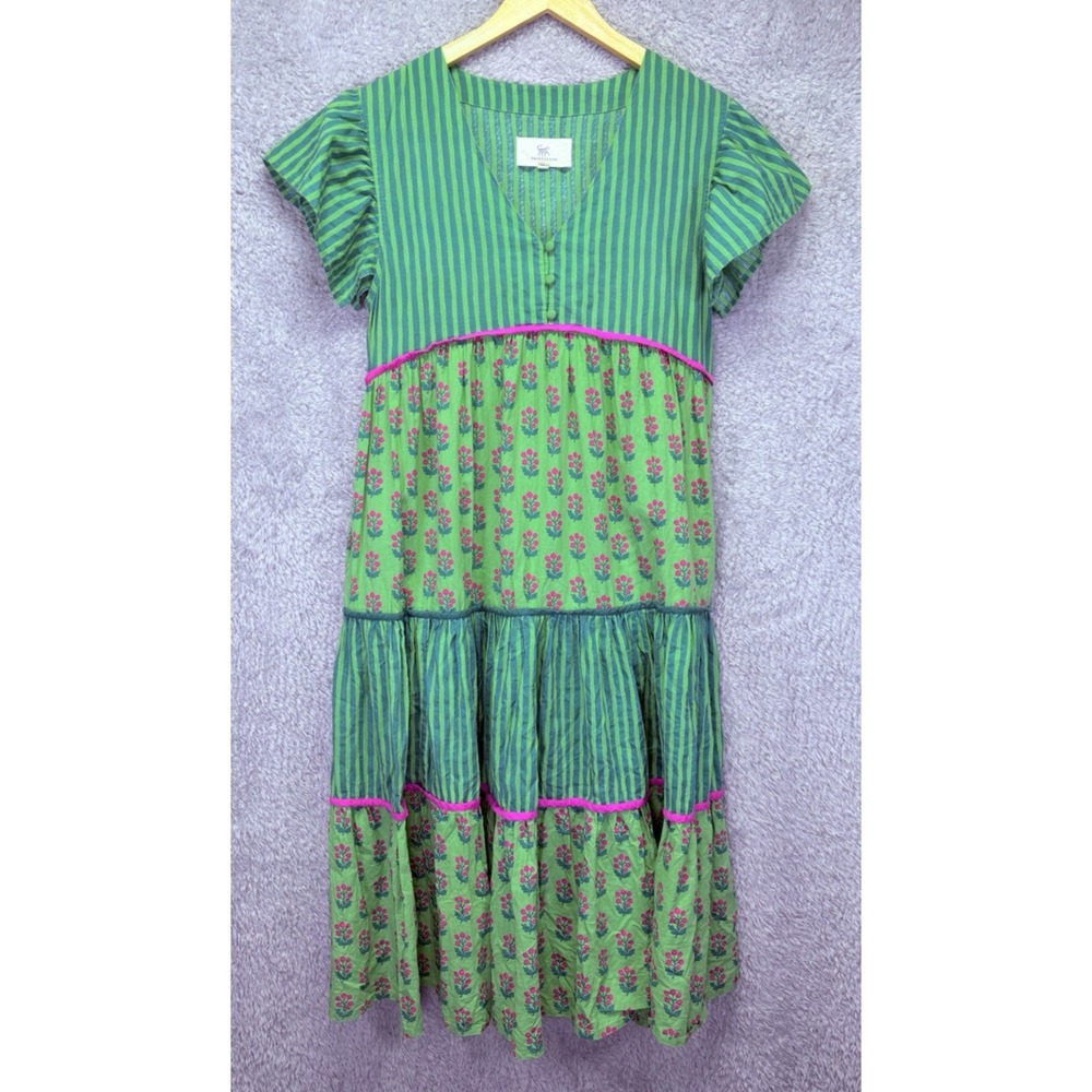 Printfresh Women XS Green Printed Tiered Dress Puff Sleeve Boho Cottagecore Midi